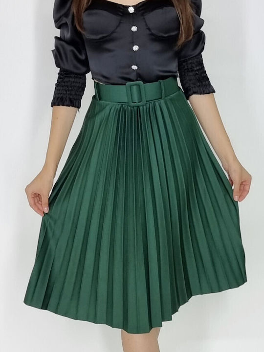 Leather Pleated Midi Skirt Green