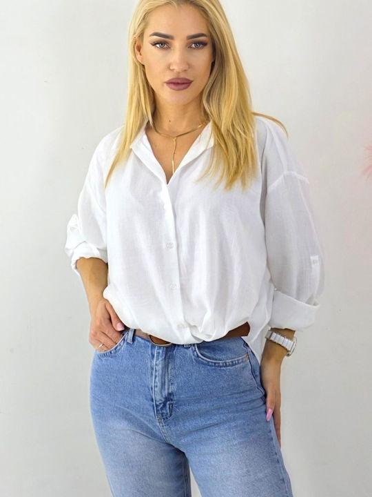 Langärmelig Damen Denim Hemd White Monochrom