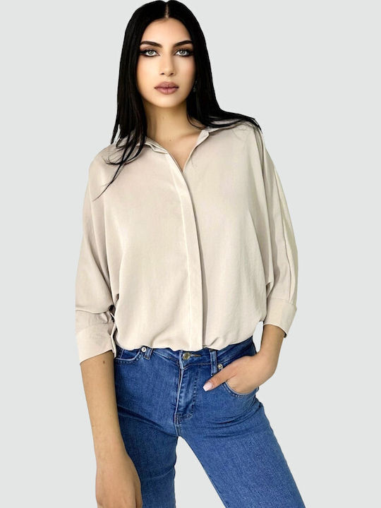 Langärmelig Damen Hemd Cream Monochrom