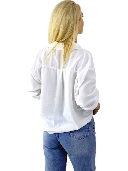 Women's Denim Monochrome Long Sleeve Shirt White