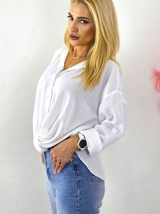 Women's Denim Monochrome Long Sleeve Shirt White