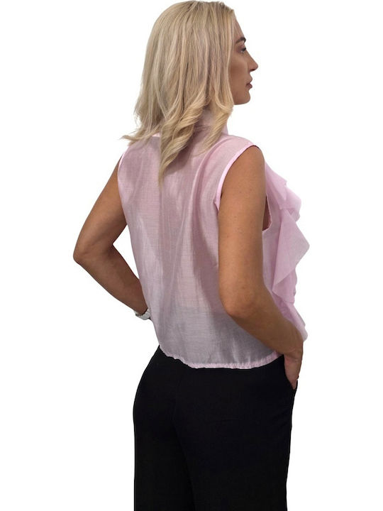 Ärmellos Damen Denim Hemd Pink Druck
