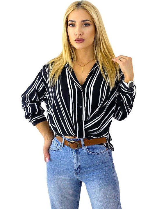 Langärmelig Damen Hemd Black/white Gestreift