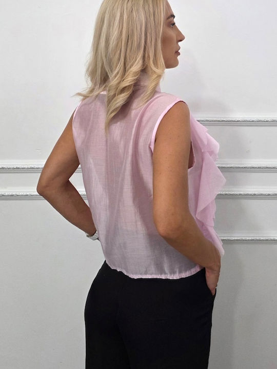 Ärmellos Damen Denim Hemd Pink Druck