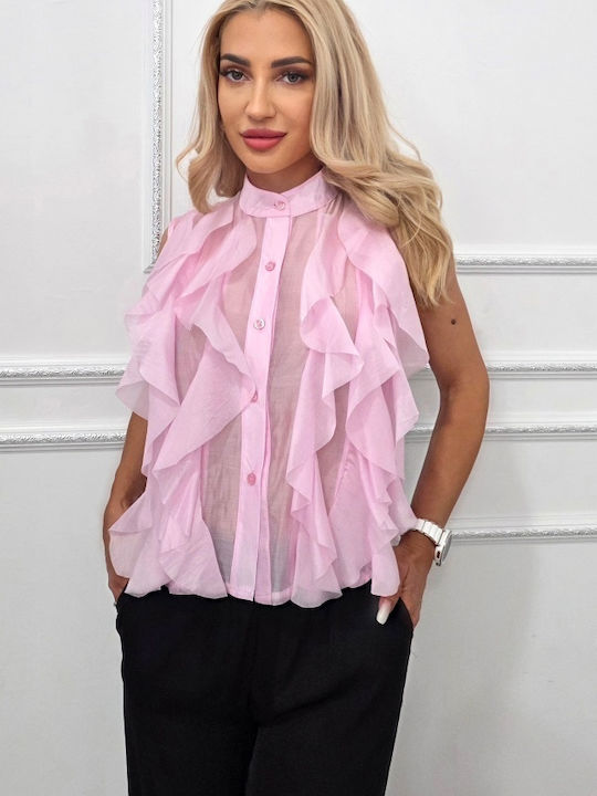 Ärmellos Damen Denim Hemd Pink Druck