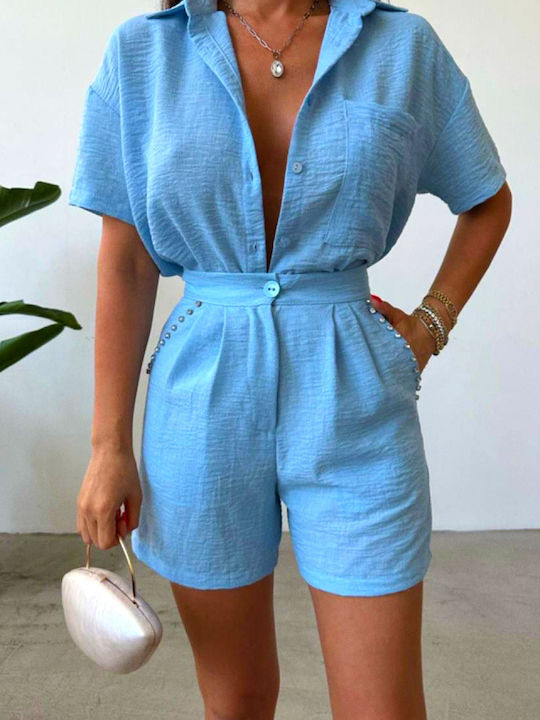 Γυναικείο Σετ με Τζιν Ψηλόμεσο Σορτς Light Blue