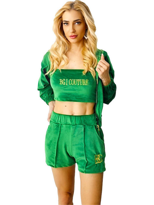 Set Pentru Femei Cu Pantaloni Scurți Sport Talie Înaltă Verde Smarald