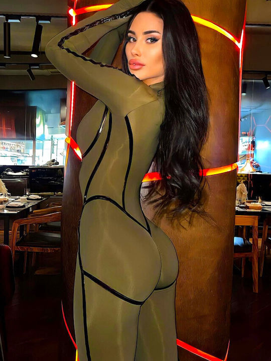 Women's Leather Long Sleeve One-piece Jumpsuit Khaki