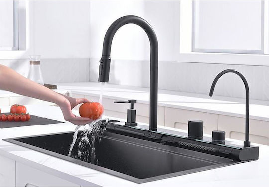 Inter Ceramic Aquaris Bg8276 Drop-In Küchenspüle Inox mit Wasserhahn M76xP46,5cm Schwarze