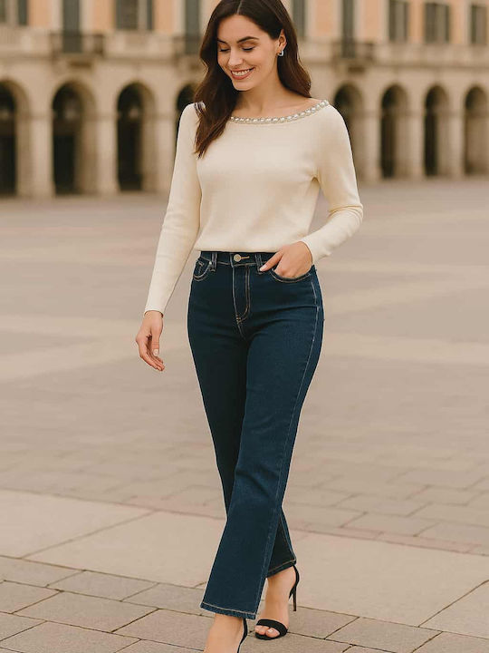 High Waist Women's Jean Trousers Push Up in Straight Line Dark-colored