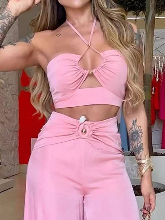Γυναικείο Pink Σετ με Ψηλόμεσο Παντελόνι με Λάστιχο