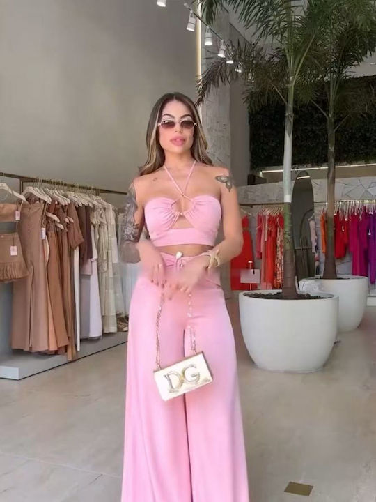 Γυναικείο Pink Σετ με Ψηλόμεσο Παντελόνι με Λάστιχο