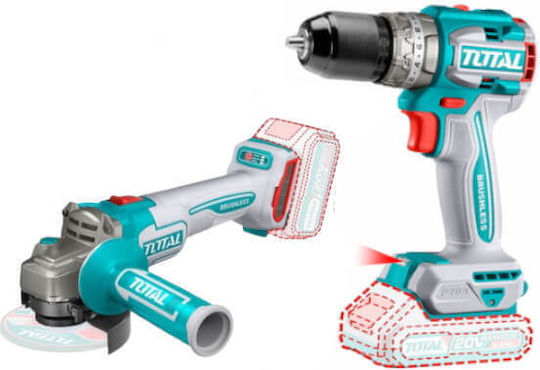 Total Set Angle Wheel & Drill Driver & Impact Drill Driver Brushless 20V with 2 Batteries 4Ah - 2Ah and Case