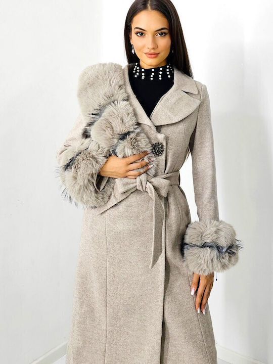 Wool Women's Cream Coat with Fur Details