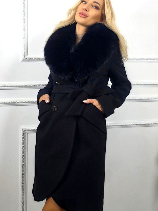 Wolle Damen Black Mantel mit Fellbesatz