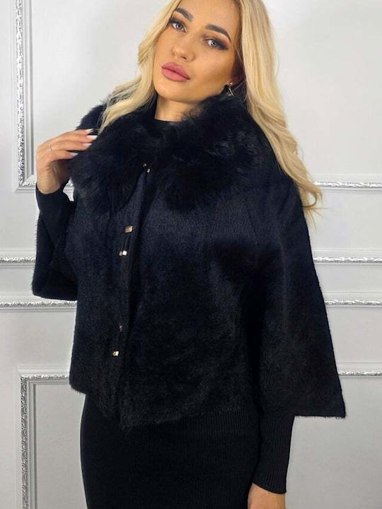 Damen Black Cape mit Fellbesatz