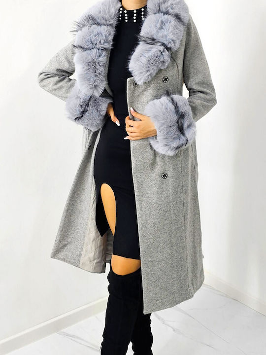 Damen Gray Mantel mit Fellbesatz