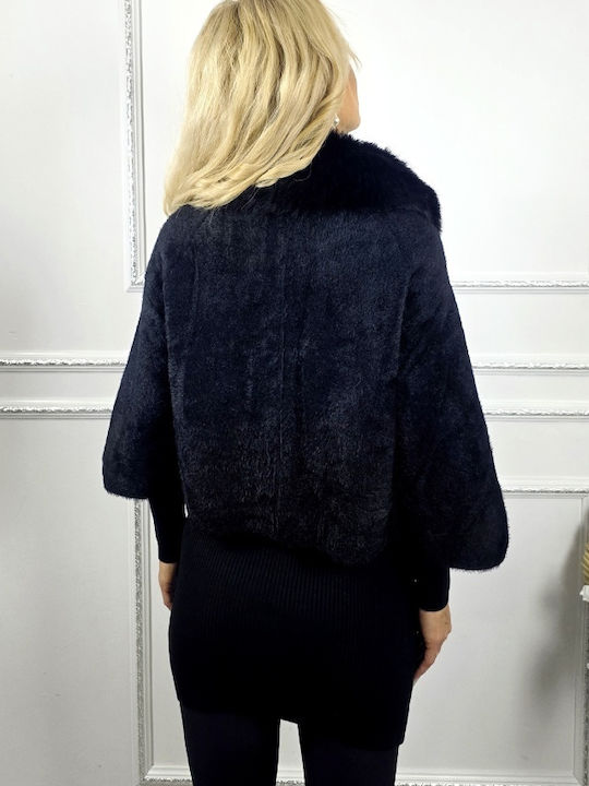 Damen Black Cape mit Fellbesatz