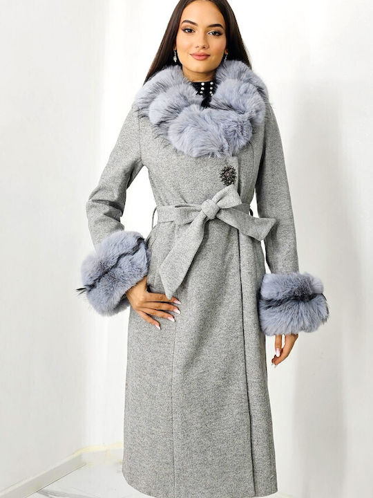 Damen Gray Mantel mit Fellbesatz
