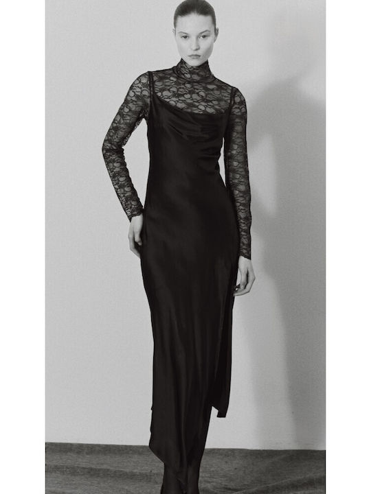 Maxi Evening Satin Dress with Lace and Tearing Black