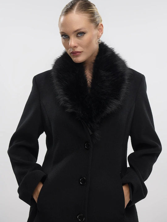 Damen Black Mantel mit Fellbesatz