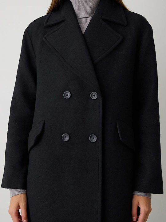 Women's Black Coat with Buttons