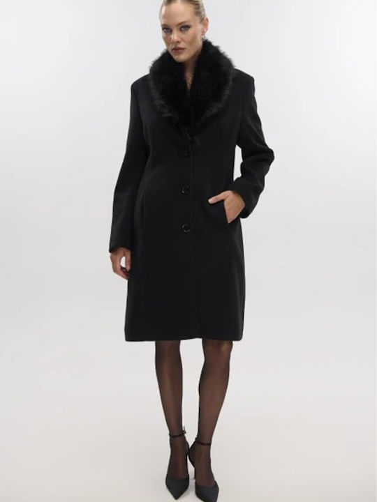 Damen Black Mantel mit Fellbesatz
