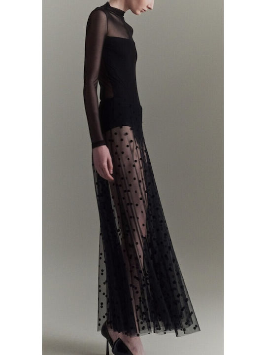 Maxi Skirt with Tulle Polka Dot Black