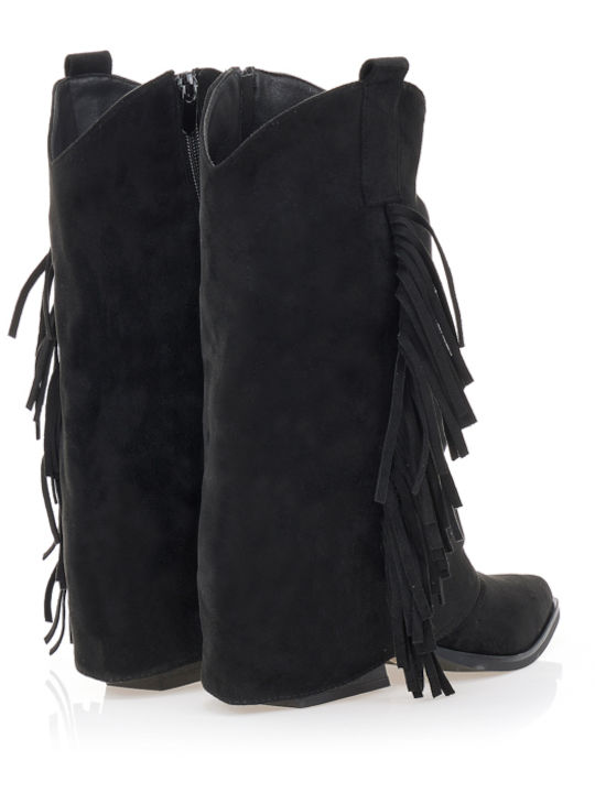 Suede Medium Heel Cowboy Boots with Zipper Black