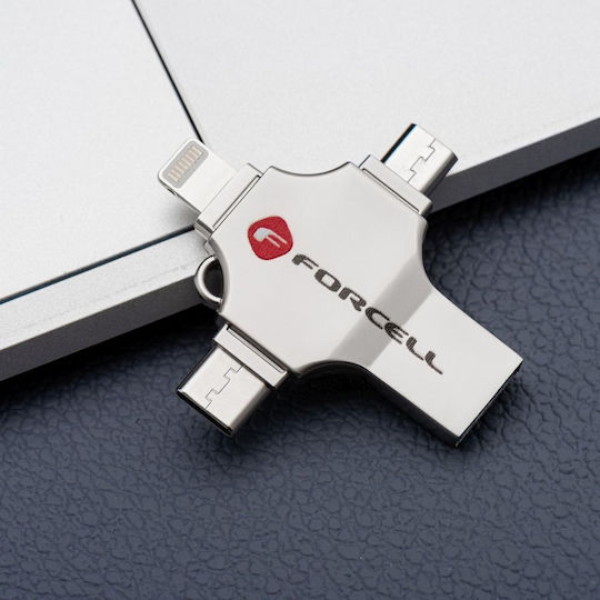Forcell 64GB USB 3.2 Stick με σύνδεση Lightning,USB-A & USB-C Ασημί
