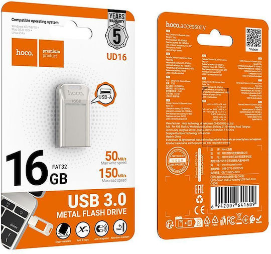 Hoco Pendrive 16GB USB 2.0 Stick με σύνδεση USB-A & USB-C Ασημί