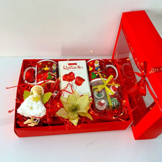 Pachet De Familie De Crăciun Lumânări Decorative Festive Două Căni Cu Design De Crăciun Praline Raffaello Ornament Înger Accesorii Decorative Pentru Brad În Cutie 35x25x8cm