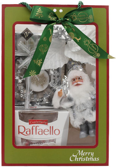 Set Cadou De Crăciun Merry Christmas Figurină Moș Crăciun Lumânare Decorativă Cutie Praline Raffaello 150g Ramură De Brad Clopoțel De Crăciun
