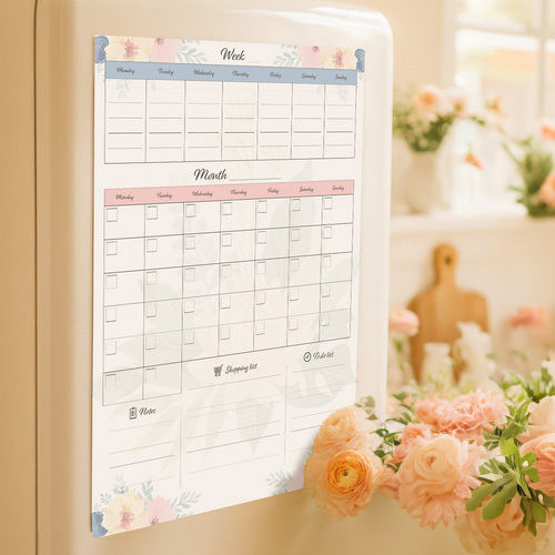 Planificator Magnetic Lunar Săptămânal Frigider Zola Listă de Cumpărături Listă de Sarcini Spațiu pentru Notițe 60 X 45 Cm Design Flori Pastelate