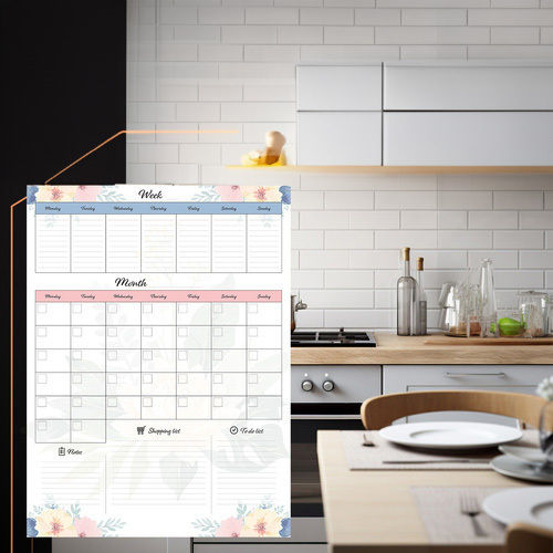 Planificator Magnetic Lunar Săptămânal Frigider Zola Listă de Cumpărături Listă de Sarcini Spațiu pentru Notițe 60 X 45 Cm Design Flori Pastelate