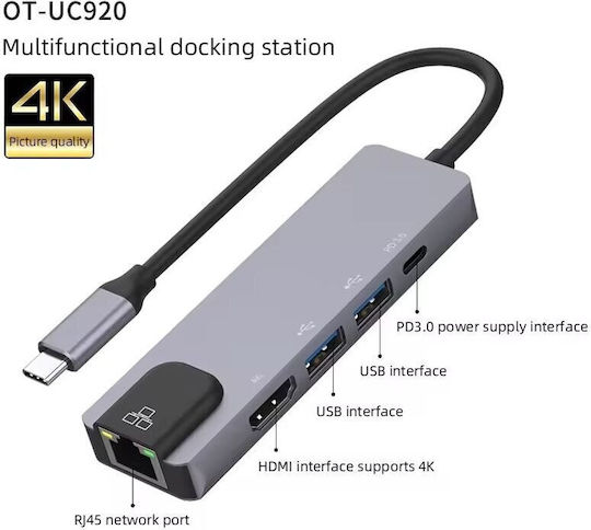 ATC OT-UC920 USB-C Docking Station mit HDMI 4K PD Ethernet Gray