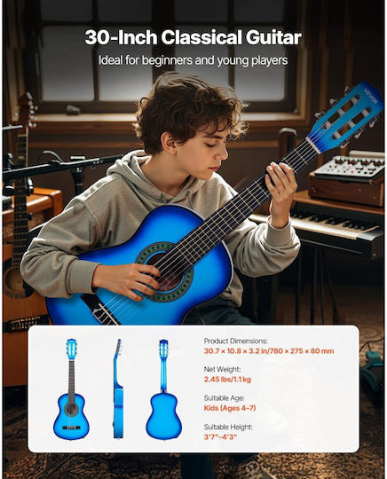 Vevor Classical Guitar 780 Mm Wooden Classical Guitar Starter Set Beginners Nylon Strings Carrying Case Strap Tuner Extra Strings Picks Capo Linden Wood Children Girls Boys Students Blue