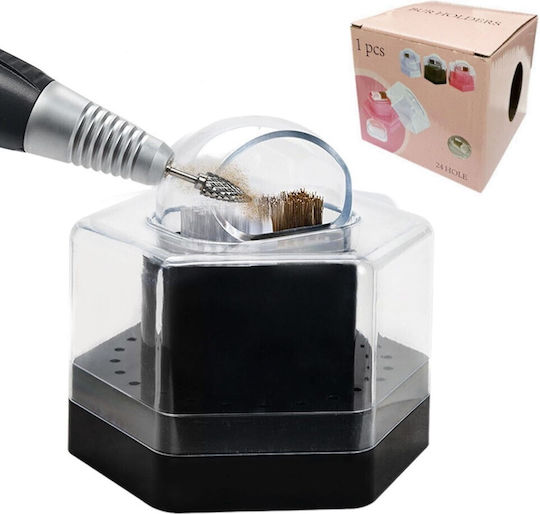 Box 24 Slots Nail Drill Bits & Cleaning Brush Black
