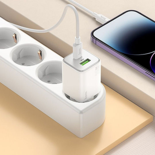 Hoco Зарядно без кабел GaN (Галуниев нитрид) с USB-A порт и USB-C порт 20W Доставка на енергия / Бързо зареждане 3.0 Бял (N41)
