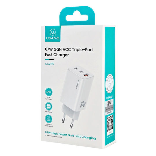 Usams Ladegerät ohne Kabel GaN mit USB-A Anschluss und 2 USB-C Anschlüsse 67W Stromlieferung Weißs (CC265)