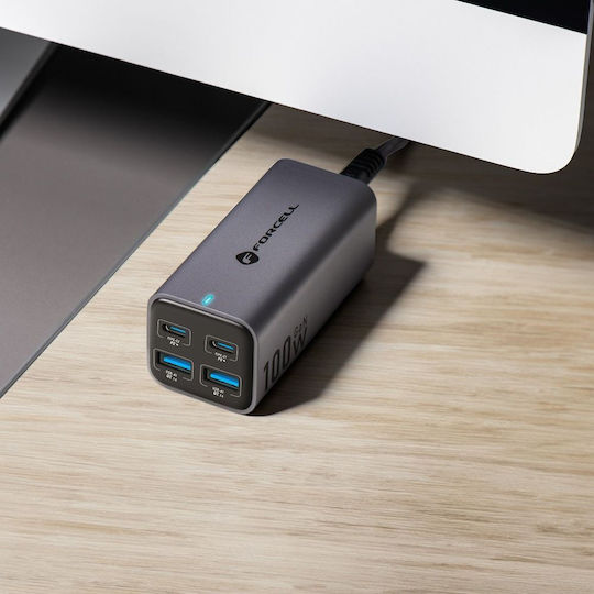 Forcell Βάση Φόρτισης GaN με 2 Θύρες USB-A και 2 Θύρες USB-C 100W Power Delivery / Quick Charge 4.0 σε Γκρι χρώμα (VT-51)