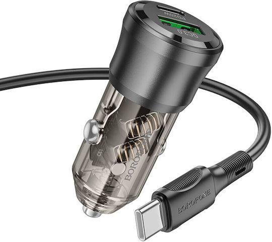 Borofone BZ25 Auto-Ladegerät 38W 3A Schnellladung mit Anschlüssen: 1xUSB 1xType-C mit Kabel Typ-C,TC-TC Schwarz Farbe