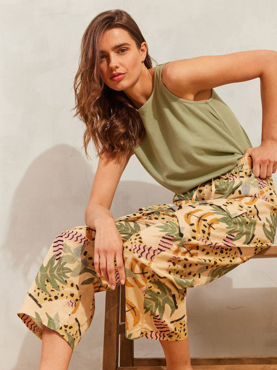 Women's Fabric Trousers with Elastic Loose Fit Floral Beige