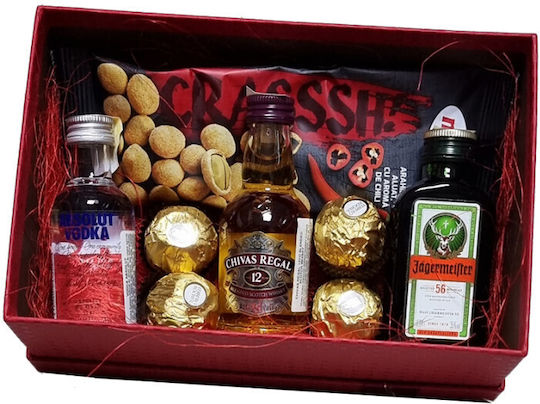 Happy Gift Package Elegant Red Box A Selection Miniature Alcoholic Beverages Pralines Spicy Nuts