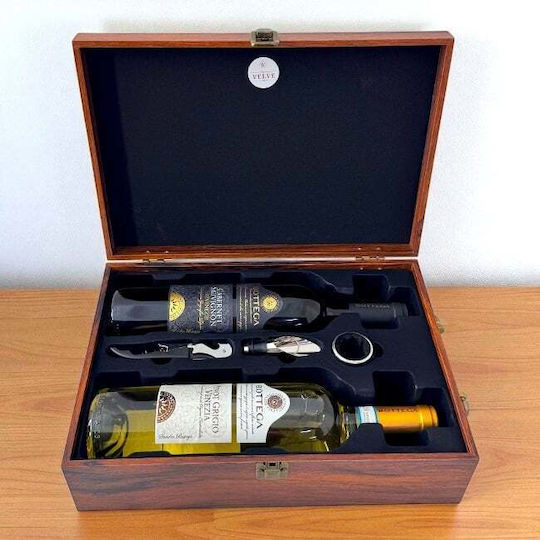 Set Casetă Elegantă din Piele Eco Două Sticle Mâner Set Accesorii Vin 3 Piese Două Sticle Vin Bottega 750 Ml Maro