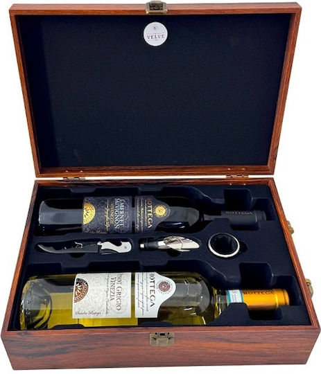 Set Casetă Elegantă din Piele Eco Două Sticle Mâner Set Accesorii Vin 3 Piese Două Sticle Vin Bottega 750 Ml Maro