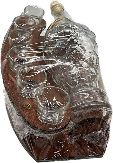 Minibar Set Mondförmiger Holzhalter Flaschen 6 Gläser Grappa Bottega Fume
