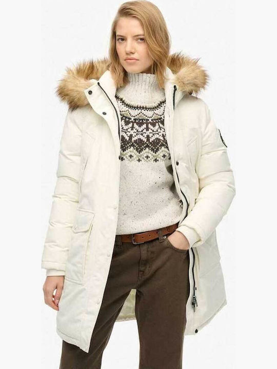 Everest Faux Μακρύ Γυναικείο Puffer Μπουφάν για Χειμώνα Off White