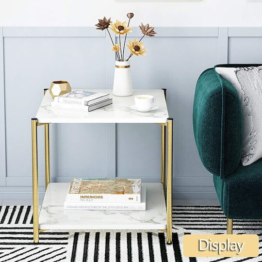 Square Side Wooden White Marble Coffee Table W40xL40xH43cm