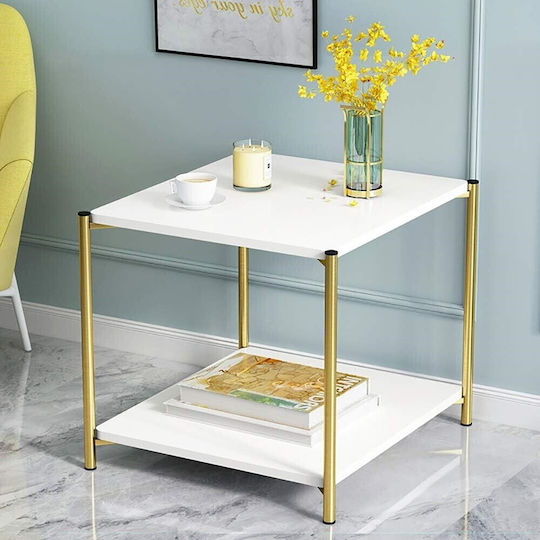 Square Side Wooden White Marble Coffee Table W40xL40xH43cm